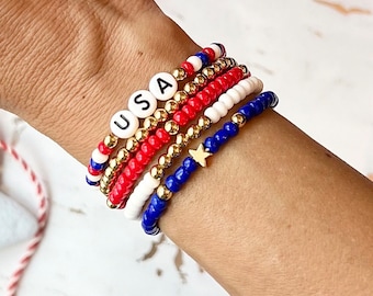 Patriotic Beaded Bracelet womens seed bead bracelets 4th of July stretch bracelets USA Bracelet red white and blue patriotic bracelets