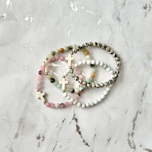 Gemstone cross bead bracelet boho religious jewelry for women faith inspired jewelry for moms bone bead cross bracelet Easter gift for her image 9