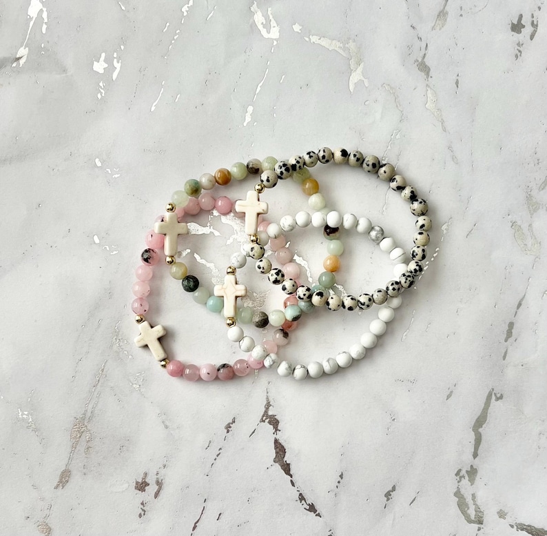 Gemstone cross bead bracelet boho religious jewelry for women faith inspired jewelry for moms bone bead cross bracelet Easter gift for her image 9
