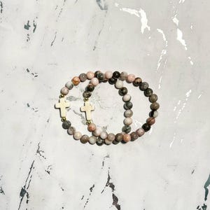 Gemstone cross bead bracelet boho religious jewelry for women faith inspired jewelry for moms bone bead cross bracelet Easter gift for her image 14