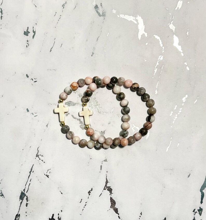 Gemstone cross bead bracelet boho religious jewelry for women faith inspired jewelry for moms bone bead cross bracelet Easter gift for her image 14
