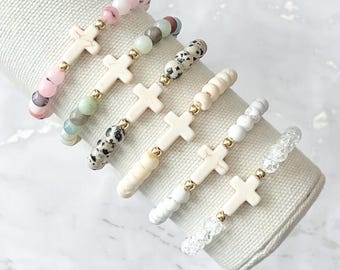 Gemstone cross beaded bracelet boho religious jewelry for women faith inspired jewelry for moms bone bead cross bracelet Easter gift for her