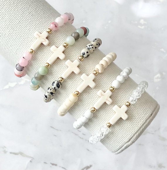 Gemstone cross bead bracelet boho religious jewelry for women faith inspired jewelry for moms bone bead cross bracelet Easter gift for her