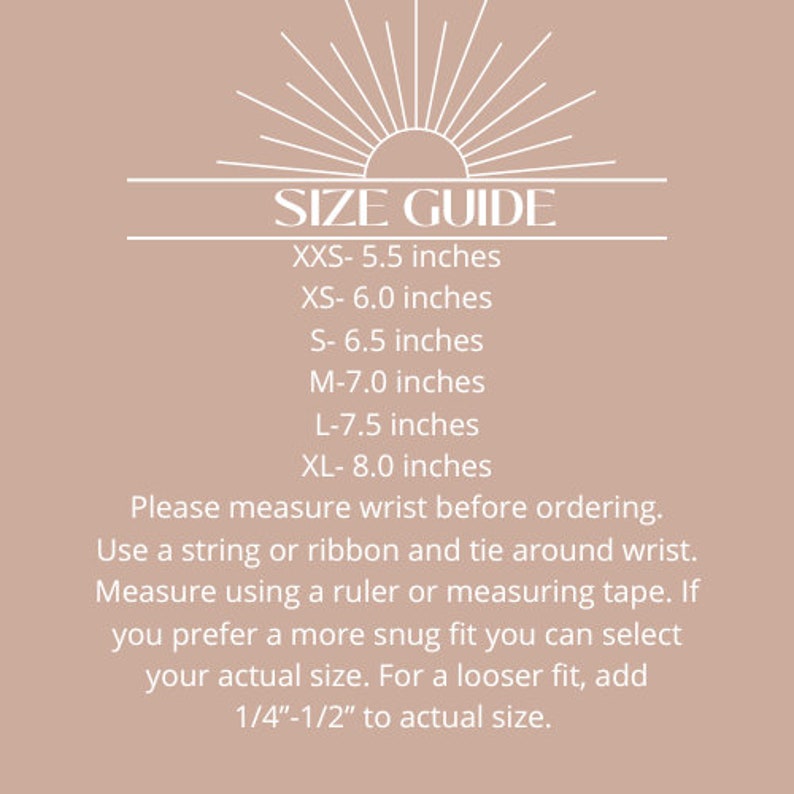 May include: A size guide for wrist measurements in inches.  The guide includes sizes XXS through XL, with corresponding wrist measurements ranging from 5.5 to 8.0 inches.  Instructions for measuring wrist size are included.