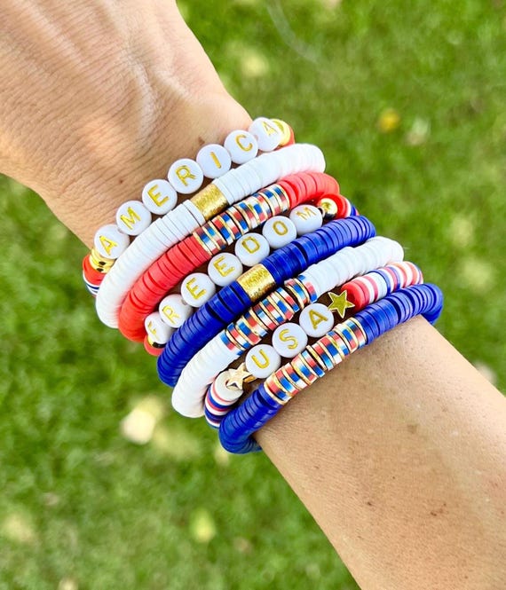 Patriotic bracelets for her 4th of July fun beaded bracelets holiday American bracelets Red White and Blue Independence Day bracelets