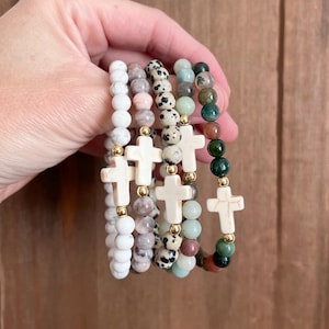 Gemstone cross bead bracelet boho religious jewelry for women faith inspired jewelry for moms bone bead cross bracelet Easter gift for her image 15