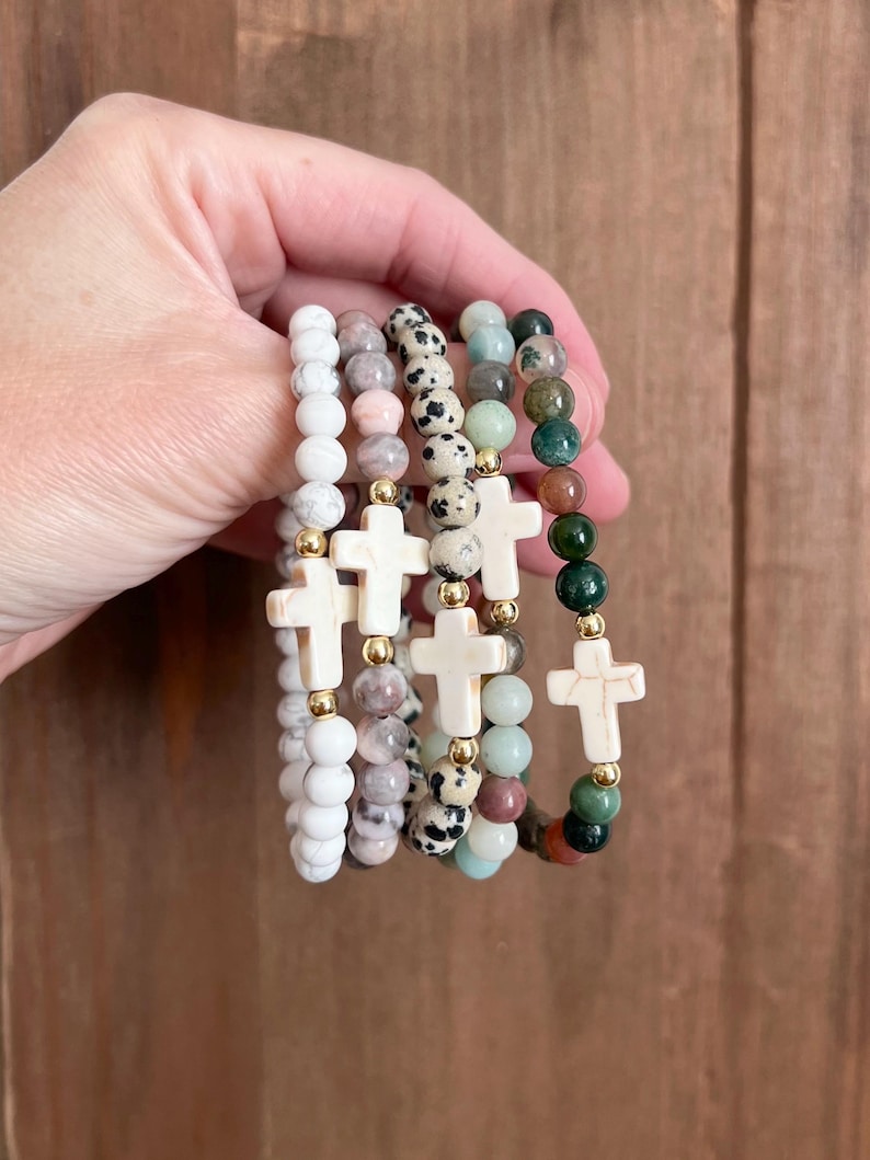 Gemstone cross bead bracelet boho religious jewelry for women faith inspired jewelry for moms bone bead cross bracelet Easter gift for her image 15