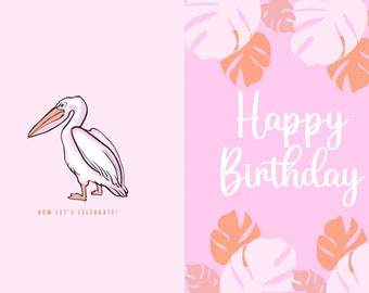 Printable, Foldable Beach Themed, Pelican Coastal, Happy Birthday Card