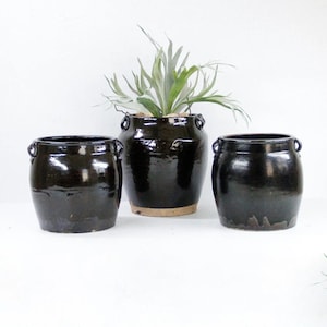 May include: Three black ceramic pots with iron handles. The middle pot has a green plant inside.