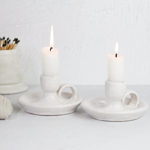 Studio Pottery Candle Holders | White Finger Loop Pair