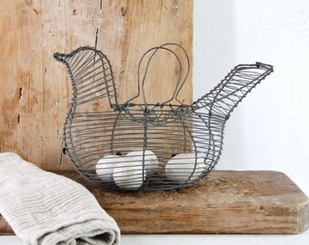 Vintage Wire Egg Basket | Primitive Hand Made Metal Chicken
