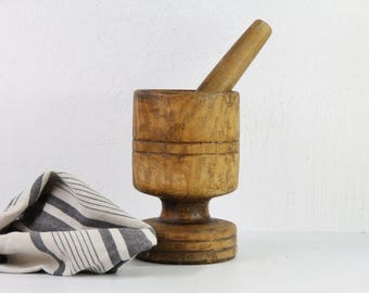 Antique Wooden Mortar and Pestle | Large Rustic Kitchen Decor