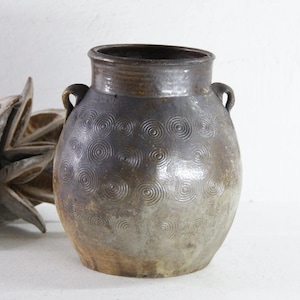 May include: A rustic, gray-brown ceramic vase with two small handles and a wide opening. The vase features a pattern of embossed concentric circles and a weathered appearance. A dried, decorative plant is to the left.