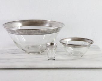 Dorothy Thorpe Chip and Dip Set |  Mid-Century Glass Bowls with Sterling Overlay