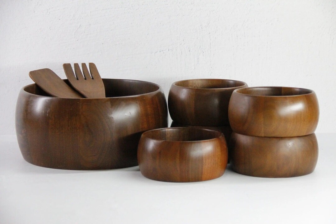 Vintage Wooden Salad Bowl Set | Midcentury Walnut 8 Piece Set - Etsy