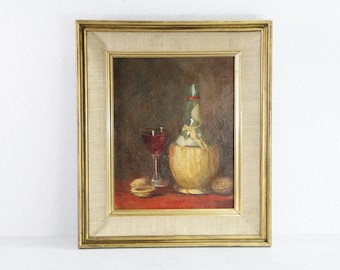 Vintage Still Life Painting | Mid Century Chianti Bottle Signed