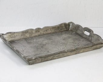 Vintage Mexican Folk Art Tray | Silver Tin Embossed