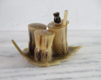 Antique Cruet Set Scottish Thistle Horn and Bone 4 Pc Set