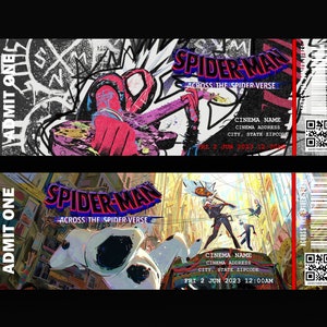 May include: Two movie ticket stubs for Spider-Man: Across the Spider-Verse. The top stub features a red and black Spider-Man character playing a guitar. The bottom stub features a white Spider-Man character in a city scene. Both stubs have the movie title, "Spider-Man: Across the Spider-Verse", and the date "FRI 2 JUN 2023 12:00AM".