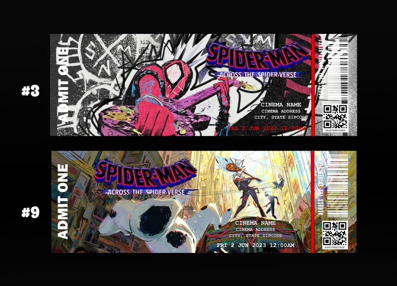 May include: Two movie ticket stubs for Spider-Man: Across the Spider-Verse. The top stub features a red and black Spider-Man character playing a guitar. The bottom stub features a white Spider-Man character in a city scene. Both stubs have the movie title, "Spider-Man: Across the Spider-Verse", and the date "FRI 2 JUN 2023 12:00AM".