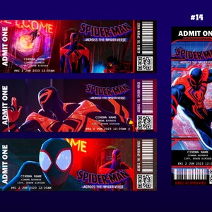 May include: Four movie ticket stubs for Spider-Man: Across the Spider-Verse. Each ticket has a different image of Spider-Man in a red and black suit. The tickets are numbered 11, 12, 13, and 14. The text on the tickets reads "ADMIT ONE" and "SPIDER-MAN ACROSS THE SPIDER-VERSE".
