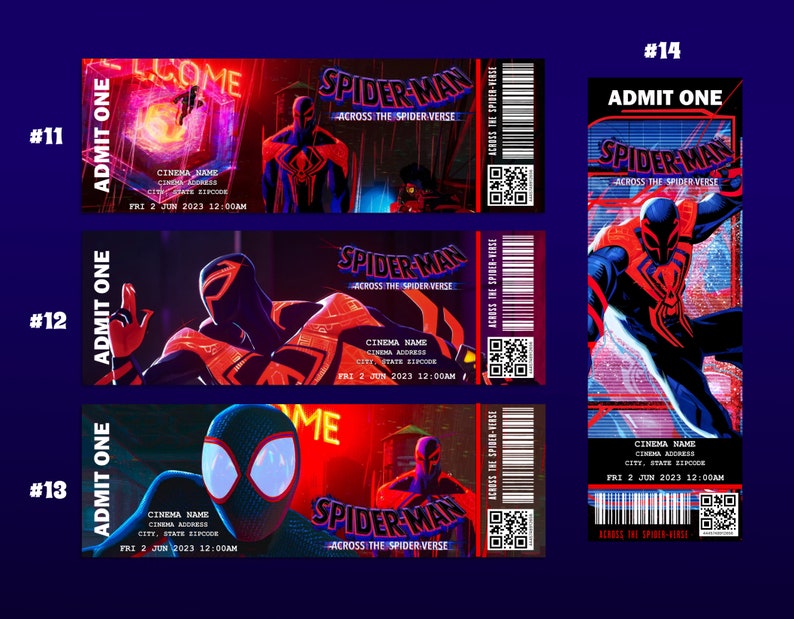 May include: Four movie ticket stubs for Spider-Man: Across the Spider-Verse. Each ticket has a different image of Spider-Man in a red and black suit. The tickets are numbered 11, 12, 13, and 14. The text on the tickets reads "ADMIT ONE" and "SPIDER-MAN ACROSS THE SPIDER-VERSE".