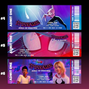 May include: Three movie ticket stubs for Spider-Man: Across the Spider-Verse. Each ticket has a different character from the movie, including Spider-Gwen, Miles Morales, and Spider-Man 2099. The tickets are red, blue, and purple with a pixelated design. The text on the tickets reads "ADMIT ONE" and "SPIDER-MAN ACROSS THE SPIDER-VERSE".