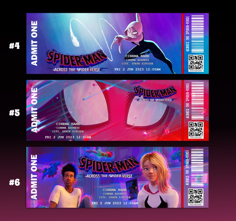 May include: Three movie ticket stubs for Spider-Man: Across the Spider-Verse. Each ticket has a different character from the movie, including Spider-Gwen, Miles Morales, and Spider-Man 2099. The tickets are red, blue, and purple with a pixelated design. The text on the tickets reads "ADMIT ONE" and "SPIDER-MAN ACROSS THE SPIDER-VERSE".