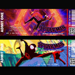 May include: Two movie tickets for Spider-Man: Across the Spider-Verse. The tickets are red, yellow, and blue with a black and red cartoon image of Spider-Man. The text on the tickets reads "Spider-Man: Across the Spider-Verse".