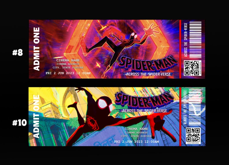 May include: Two movie tickets for Spider-Man: Across the Spider-Verse. The tickets are red, yellow, and blue with a black and red cartoon image of Spider-Man. The text on the tickets reads "Spider-Man: Across the Spider-Verse".