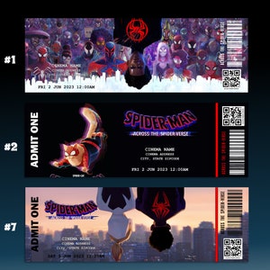 May include: Three movie ticket stubs for Spider-Man: Across the Spider-Verse. The tickets are red, white, and blue with a black background. The tickets have a QR code and barcode on the right side. The tickets have the movie title, date, and time on them.