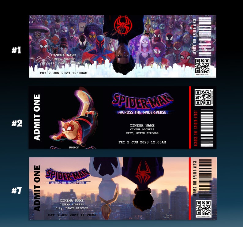 May include: Three movie ticket stubs for Spider-Man: Across the Spider-Verse. The tickets are red, white, and blue with a black background. The tickets have a QR code and barcode on the right side. The tickets have the movie title, date, and time on them.