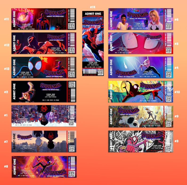 May include: Ten colorful movie ticket designs featuring different characters from the animated film Spider-Man: Across the Spider-Verse. Each ticket has the words "ADMIT ONE" and "SPIDER-MAN ACROSS THE SPIDER-VERSE" printed on it.