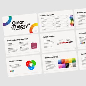 Puede incluir: Una presentación de diapositivas sobre la teoría del color, con secciones sobre códigos de color, métodos aditivos y sustractivos, matices y sombras, psicología del color y colores complementarios. Las diapositivas presentan ilustraciones y diagramas coloridos.
