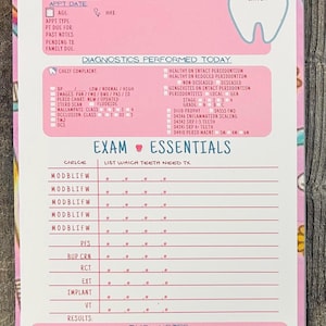May include: A rectangular dental examination notepad with a pink and white color scheme. The header reads Smile Review with a tooth icon. Sections include Patient Name, Diagnostics Performed Today, Exam Essentials, and Quick Notes with checkboxes.