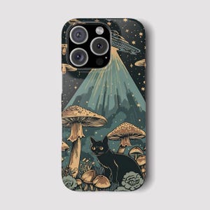 UFO Black Cat iPhone Case: Mystical Mushroom Forest, Cosmic MagSafe Cover