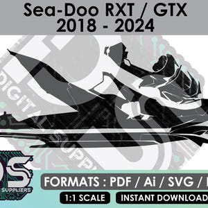 Op de afbeelding: Zwart-wit afbeelding van een Sea-Doo RXT/GTX waterscooter, modeljaren 2018-2024. De afbeelding bevat de tekst "Sea-Doo RXT / GTX 2018 - 2024" en "DIGITAL SUPPLIERS". Beschikbaar in PDF, Ai, SVG en EPS formaten.