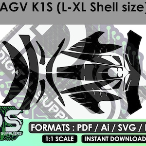 Pode incluir: Design gráfico a preto e branco para um capacete AGV K1S, tamanho de concha L-XL. Inclui várias formas e linhas, com texto indicando formatos de arquivo: PDF, Ai, SVG e EPS. A imagem também indica "1:1 Scale" e "Instant Download".