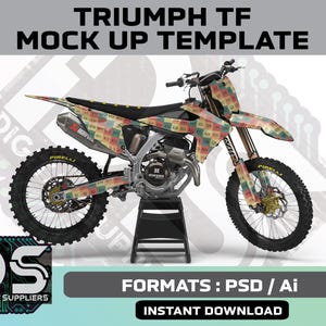 May include: A Triumph TF mock-up template of a motocross bike. The bike has a colorful pattern with the text "K20, K21, K22, K23, K24, K25" and is displayed on a black stand. The image includes the text "DIGITAL SUPPLIERS" and "FORMATS: PSD / Ai".