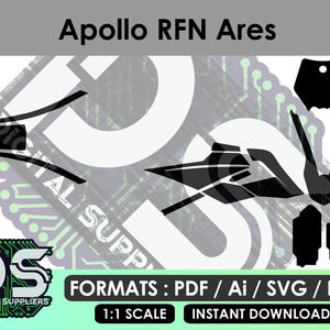 以下が含まれることがあります： Apollo RFN Aresオートバイ用のデジタルデカールテンプレート。明るい背景に黒いグラフィック形状が配置されています。画像には「Apollo RFN Ares」、「FORMATS: PDF / Ai / SVG / EPS」、「1:1 SCALE」、「INSTANT DOWNLOAD」というテキストが含まれています。