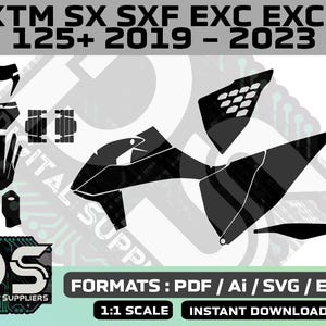 Op de afbeelding: Zwart-witte digitale grafische ontwerptemplate voor een KTM SX SXF EXC EXCF 125+ motorfiets, 2019-2023. Het ontwerp bevat de tekst "KTM SX SXF EXC EXCF 125+ 2019 - 2023" en een silhouet van de motorfiets.