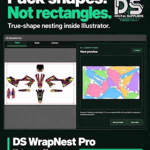 Peut inclure: Une interface logicielle pour DS WrapNest Pro affichant une imbrication de formes réelles pour Adobe Illustrator. L'écran montre un aperçu de mise en page avec des formes graphiques colorées sur une feuille, et le texte Pack shapes. Not rectangles.