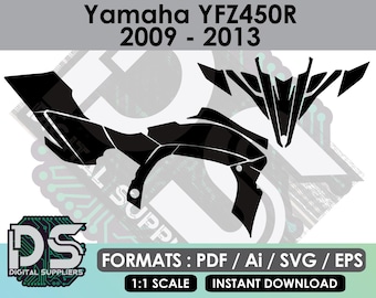 May include: Black graphic design for a Yamaha YFZ450R model from 2009-2013. The image includes the text "Yamaha YFZ450R 2009-2013" and "DIGITAL SUPPLIERS". The formats available are PDF, Ai, SVG, and EPS.