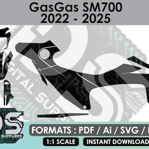Puede incluir: Diseño gráfico en blanco y negro para una motocicleta GasGas SM700, modelos 2022-2025. El diseño incluye varias formas y contornos de piezas de motocicleta. La imagen también incluye el texto "DIGITAL SUPPLIERS" y "FORMATS: PDF / Ai / SVG / EPS".