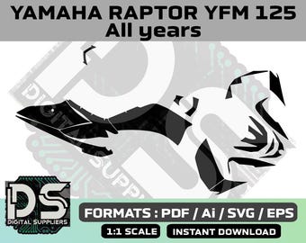 May include: Black and white silhouette of a Yamaha Raptor YFM 125 ATV. The image includes the text "YAMAHA RAPTOR YFM 125" and "All years".