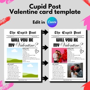 Plantilla de periódico de Cupido de San Valentín / Plantilla de Canva editable / Plantilla de periódico personalizada - ¿Serás mi Valentín? Envoltura de flores para regalo imprimible