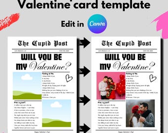 Plantilla de periódico de Cupido de San Valentín / Plantilla de Canva editable / Plantilla de periódico personalizada - ¿Serás mi Valentín? Envoltura de flores para regalo imprimible