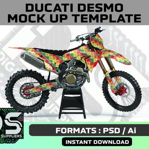 May include: A Ducati Desmo dirt bike mock-up template featuring a colorful checkered pattern across the bodywork. The motorcycle is displayed on a black stand, with text reading DUCATI DESMO MOCK UP TEMPLATE and FORMATS : PSD / Ai visible.