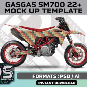 May include: A red and black GASGAS SM700 22+ motorcycle mock-up template. The motorcycle has a red frame, wheels, and seat, with a colourful patterned design on the body. The image includes the text "GASGAS SM700 22+ MOCK UP TEMPLATE" and "FORMATS: PSD / Ai".