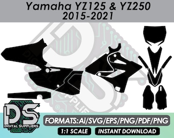 Puede incluir: Archivos de diseño gráfico digital en blanco y negro para gráficos de motocicleta Yamaha YZ125 y YZ250, 2015-2021. Los archivos incluyen gráficos de guardabarros delantero, paneles laterales y guardabarros trasero. El texto "FORMATS: AI/SVG/EPS/PNG/PDF/PNG" y "1:1 SCALE INSTANT DOWNLOAD" también está incluido en la imagen.